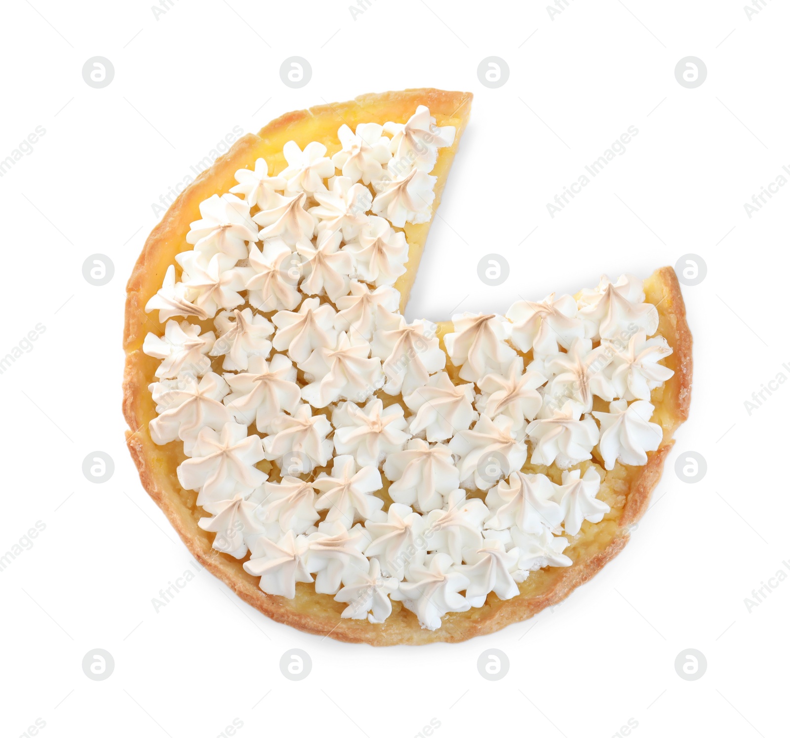 Photo of Cut delicious lemon meringue pie isolated on white, top view