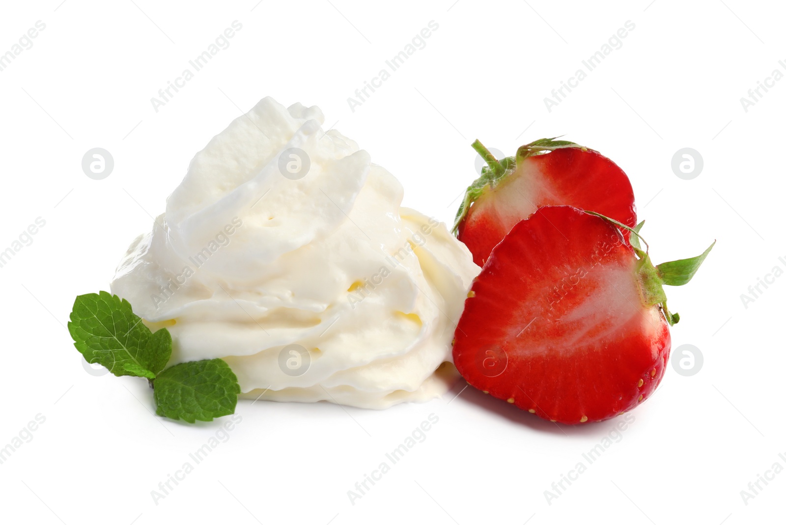 Photo of Sliced strawberry with whipped cream and mint on white background