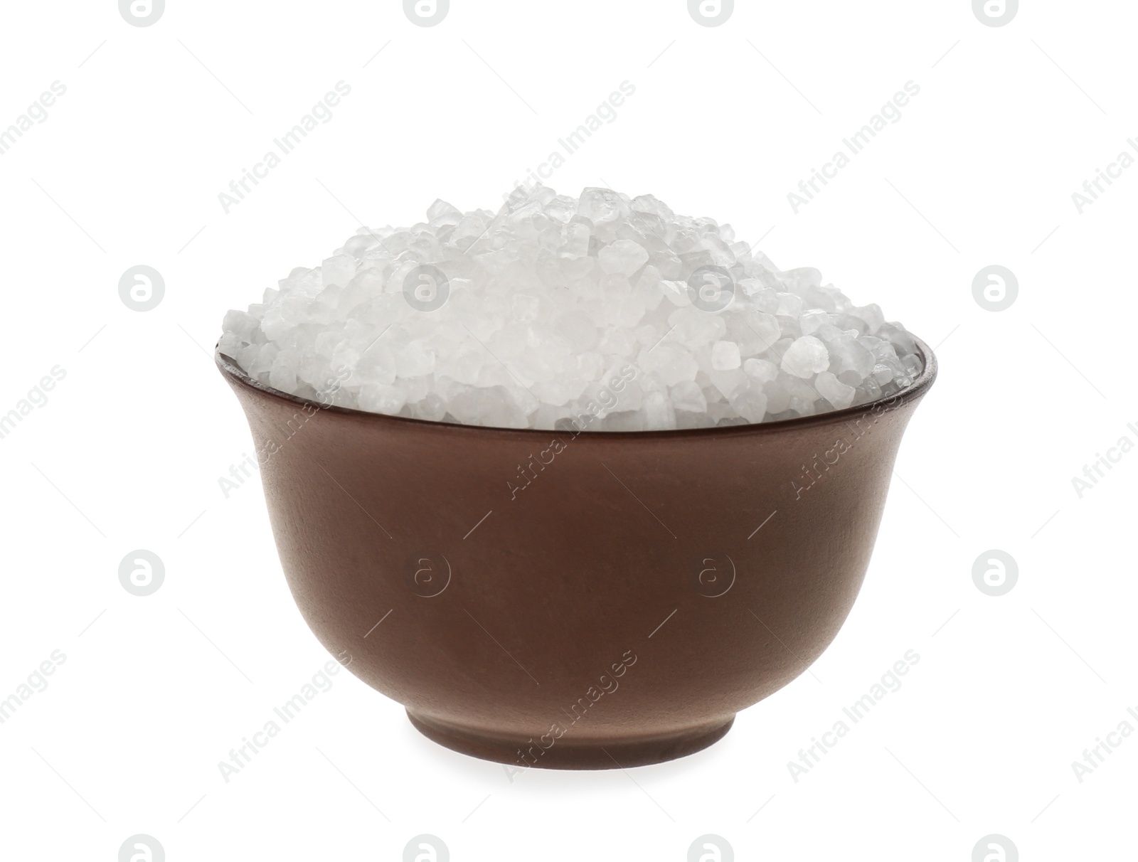 Photo of Bowl with natural salt isolated on white