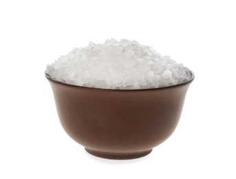 Photo of Bowl with natural salt isolated on white