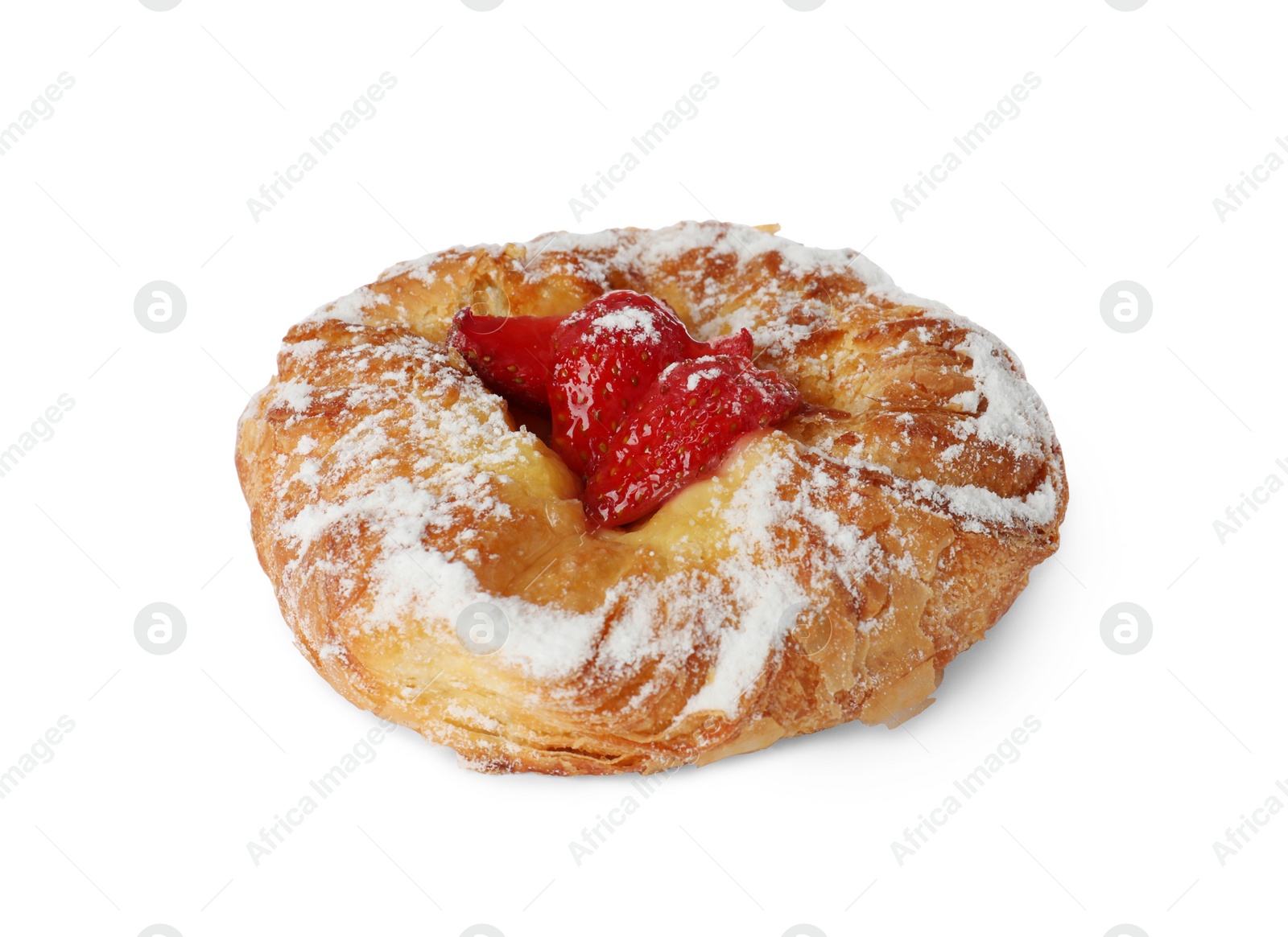 Photo of Danish pastry with strawberries isolated on white