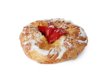 Photo of Danish pastry with strawberries isolated on white