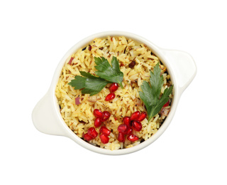 Photo of Tasty rice pilaf with pomegranate grains and parsley isolated on white, top view