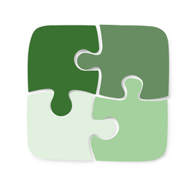 Image of  Color jigsaw puzzle pieces on white background, top view