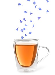 Image of Beautiful tender blue cornflower petals falling into cup of tea on white background