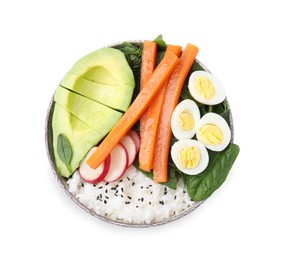 Delicious poke bowl with basil, eggs, avocado and vegetables isolated on white, top view