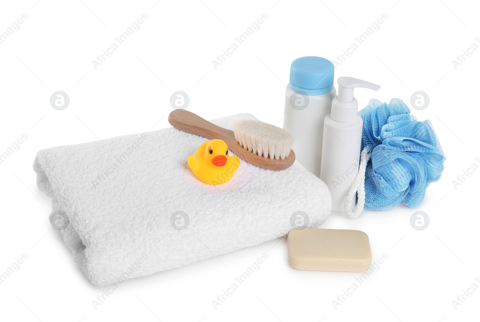 Photo of Baby cosmetic products, bath duck, brush and towel isolated on white