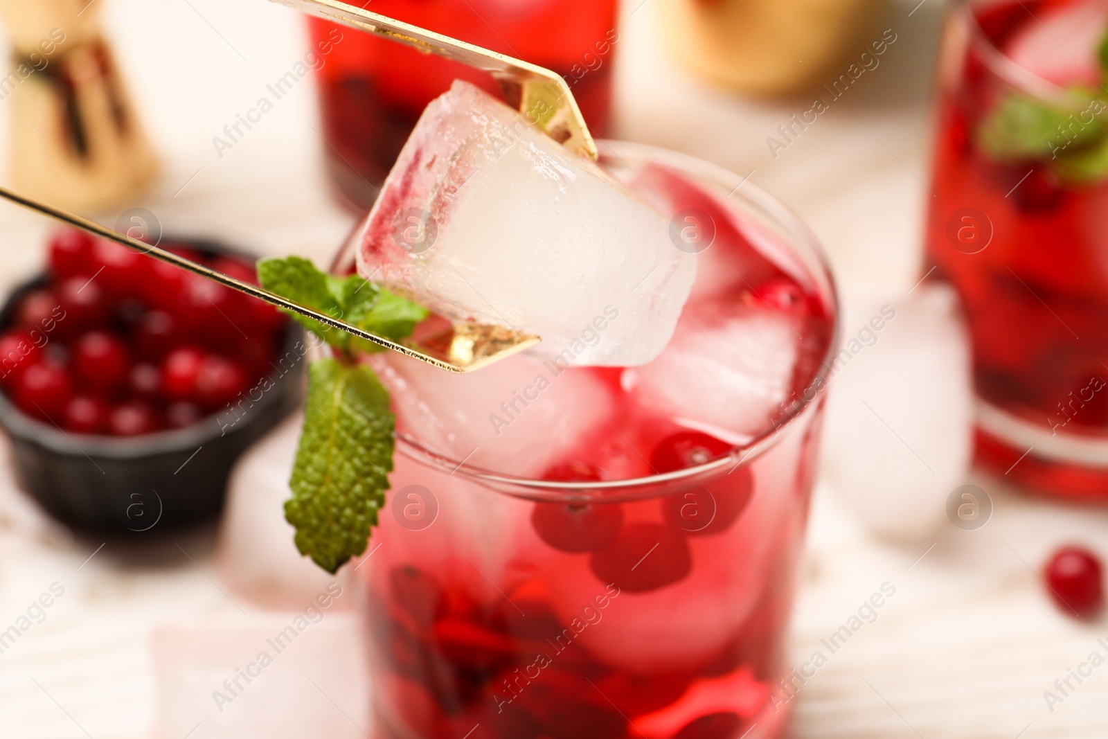 Photo of Putting ice cube into glass with tasty cranberry cocktail at light table, closeup