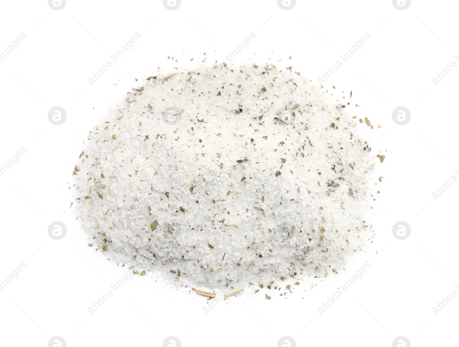 Photo of Heap of natural herb salt on white background, top view