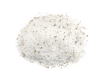 Heap of natural herb salt on white background, top view