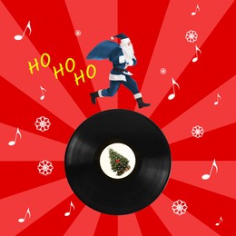 Image of Winter holidays bright artwork. Creative collage with Santa Claus running on vinyl record against red background