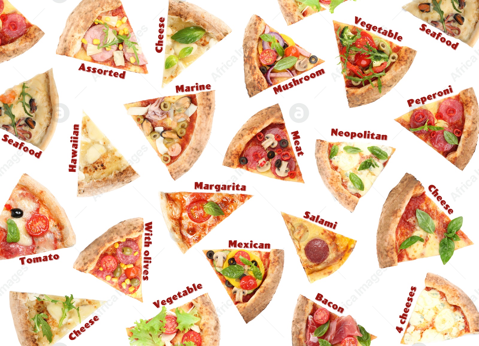 Image of Set with slices of different pizzas on white background, top view 