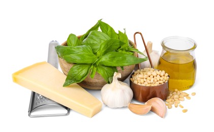Photo of Different ingredients for cooking tasty pesto sauce isolated on white