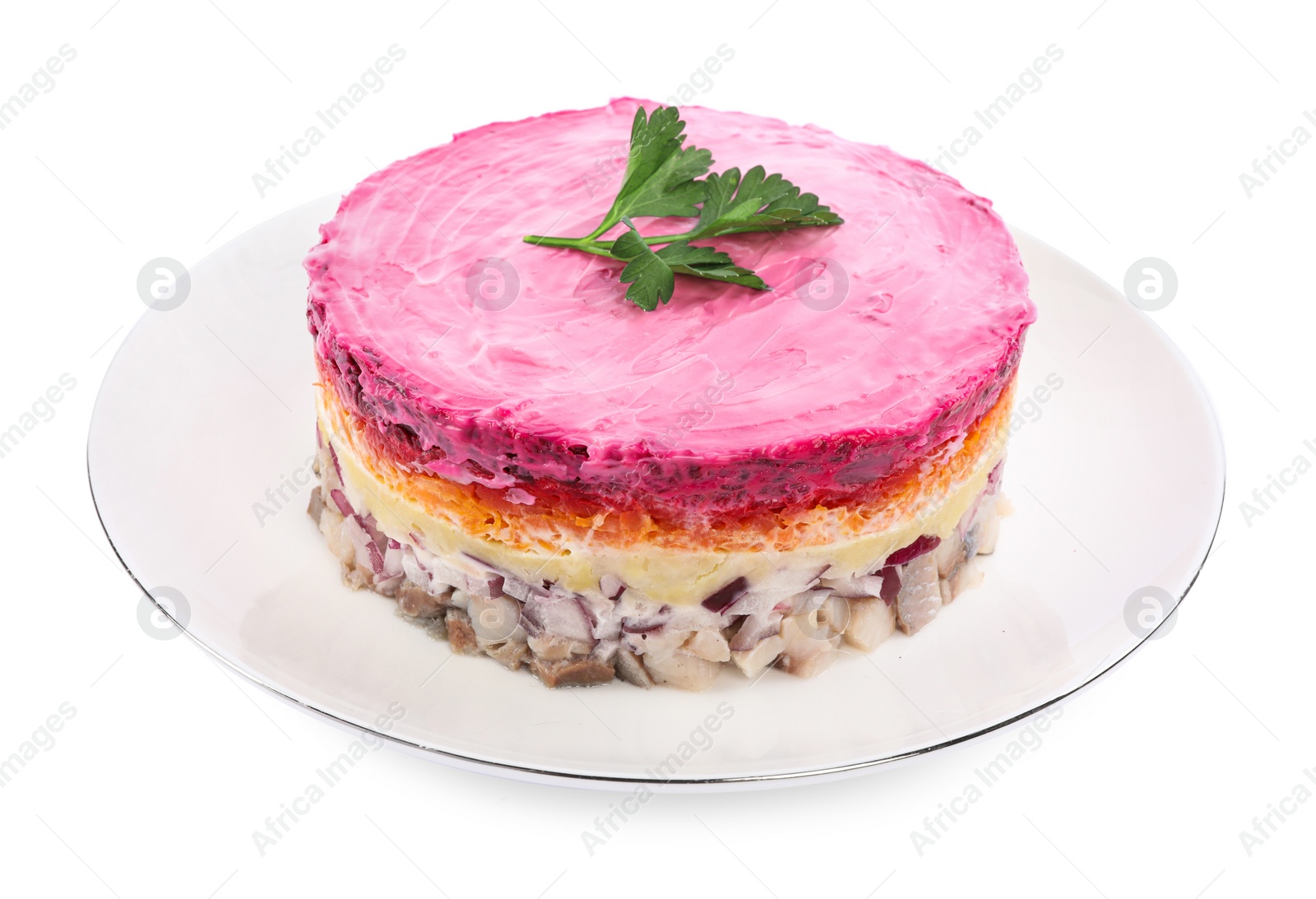 Photo of Herring under fur coat salad isolated on white. Traditional Russian dish