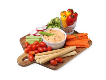 Photo of Board with delicious hummus, grissini sticks and fresh vegetables on white background