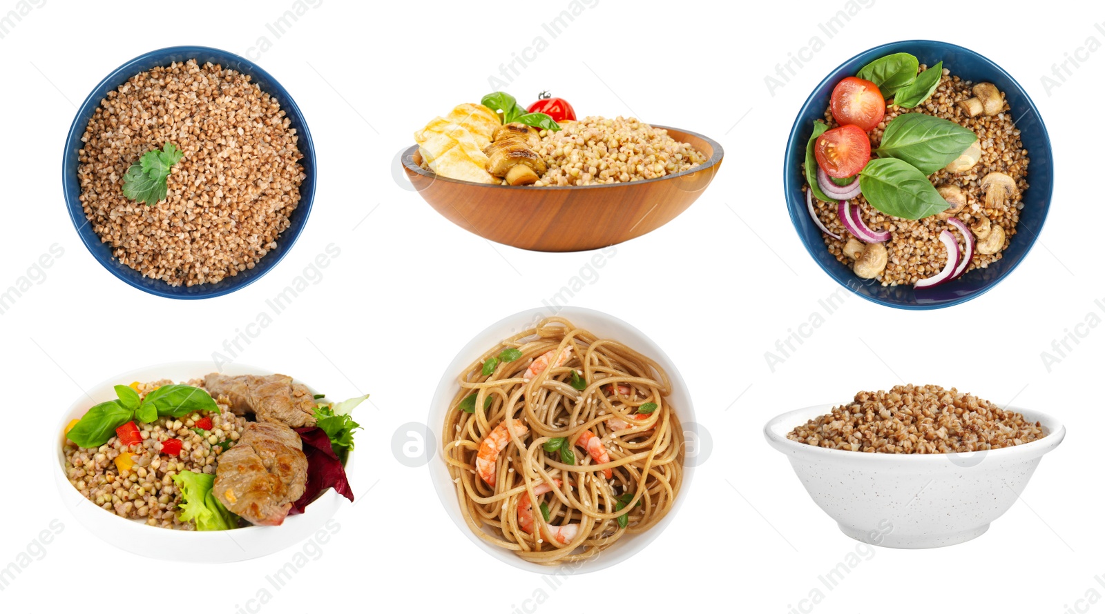 Image of Set with tasty buckwheat porridge and noodles on white background