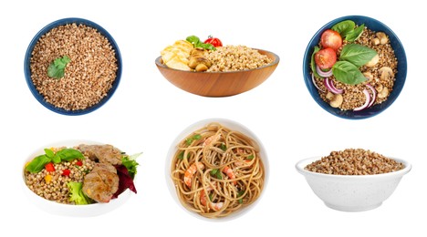 Set with tasty buckwheat porridge and noodles on white background