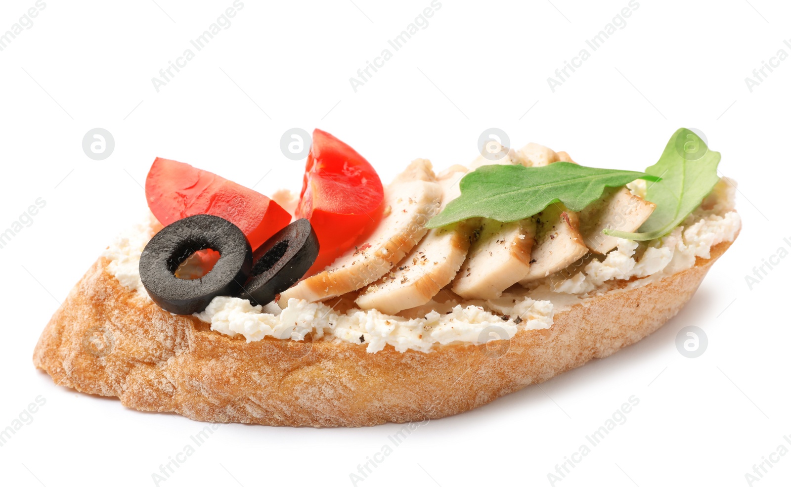 Photo of Delicious chicken bruschetta on white background. Traditional Italian antipasto