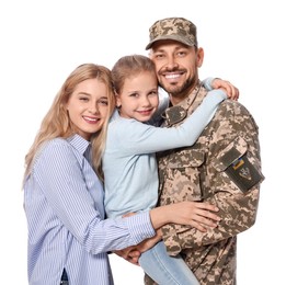 Photo of Soldier in Ukrainian military uniform reunited with his family on white background