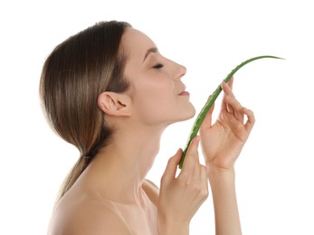 Photo of Young woman with aloe leaf on white background