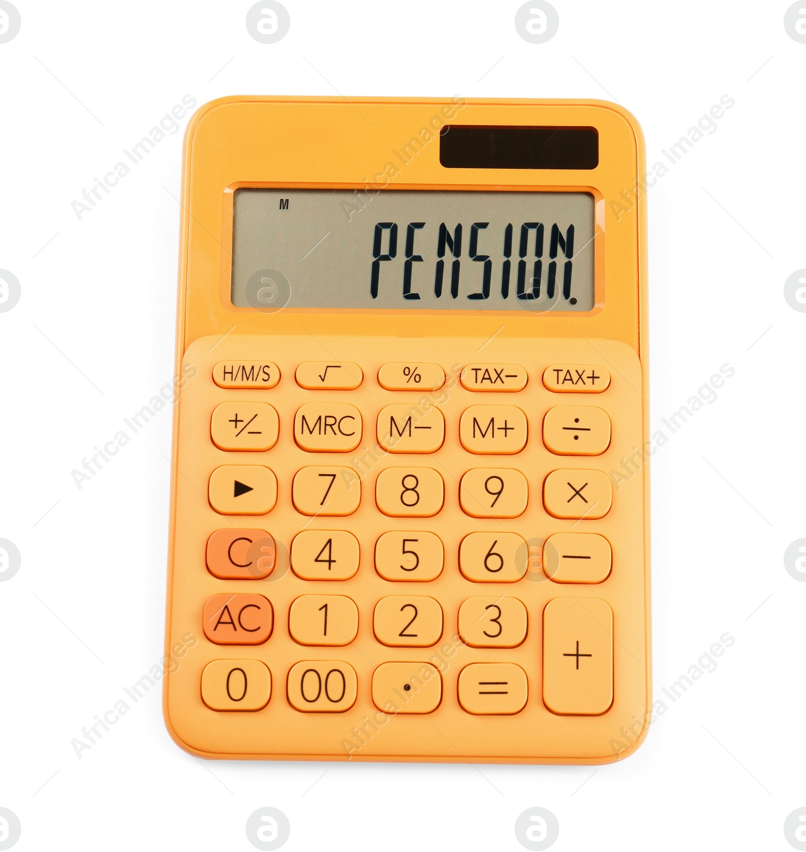 Photo of Orange calculator isolated on white. Office stationery