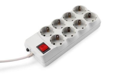 Power strip with extension cord on white background. Electrician's equipment