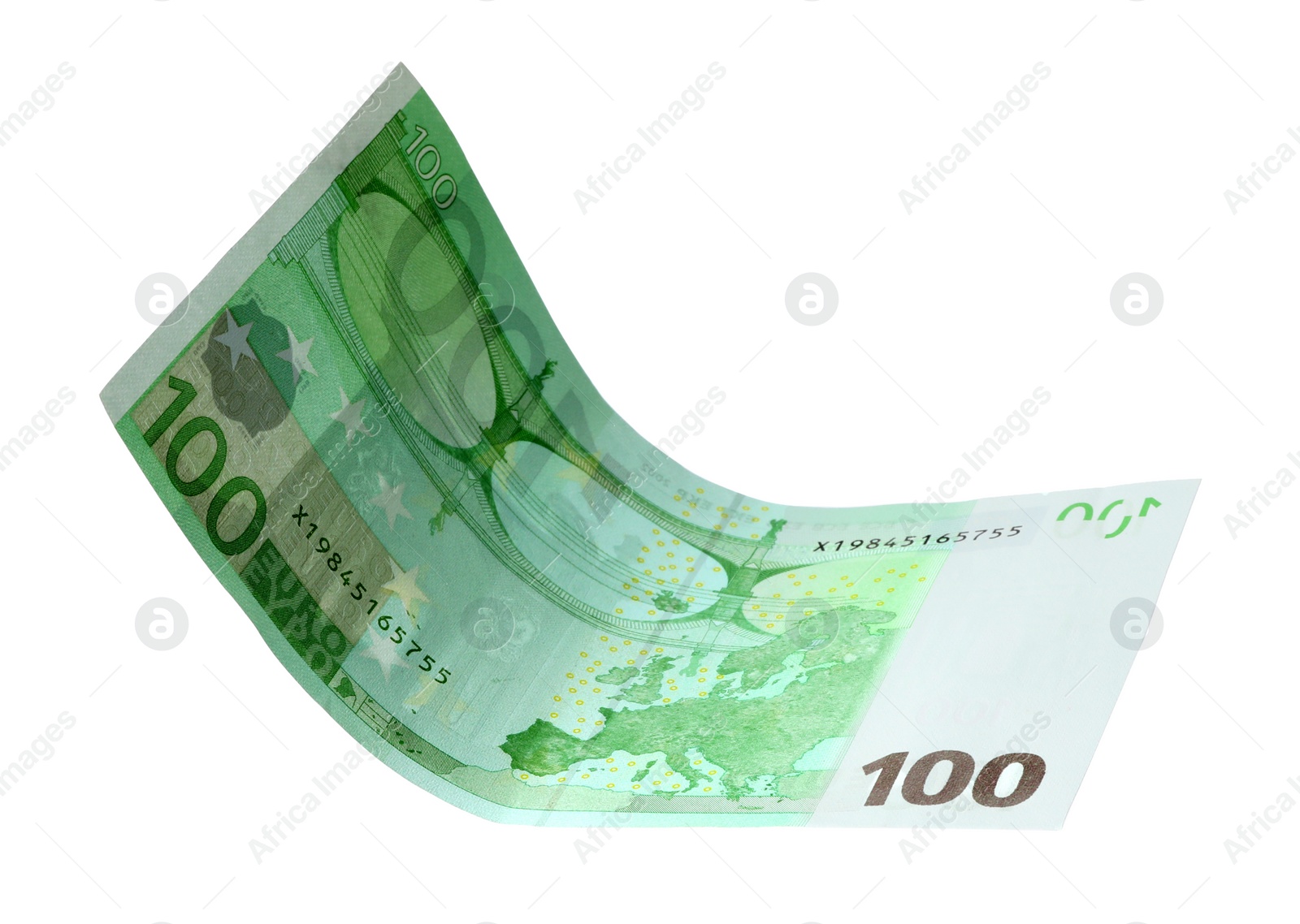 Photo of Flying one hundred Euro banknote isolated on white