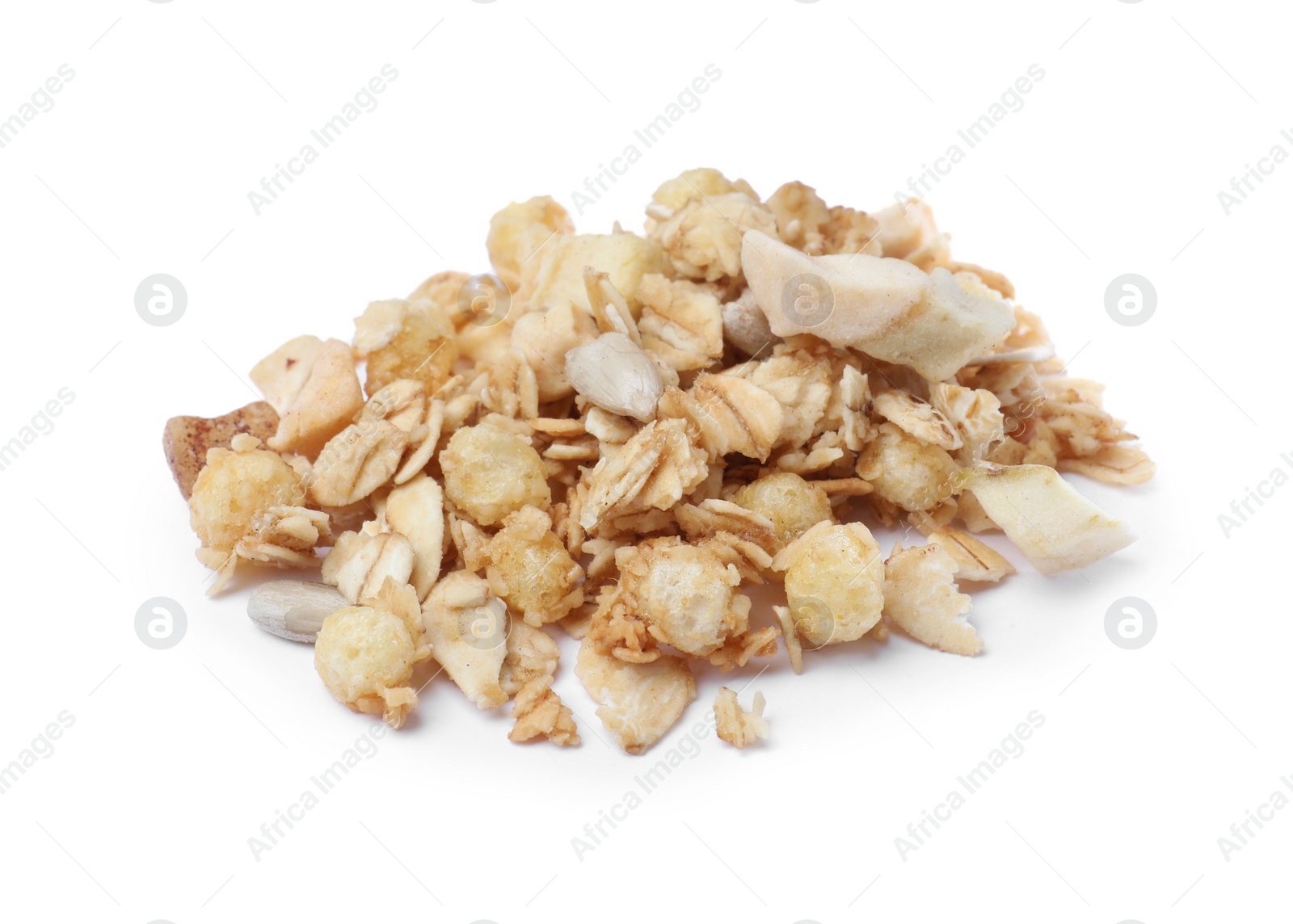 Photo of Pile of granola on white background. Healthy snack