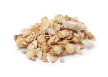 Photo of Pile of granola on white background. Healthy snack