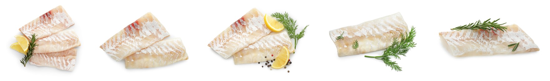 Image of Pieces of raw cod fish isolated on white, set