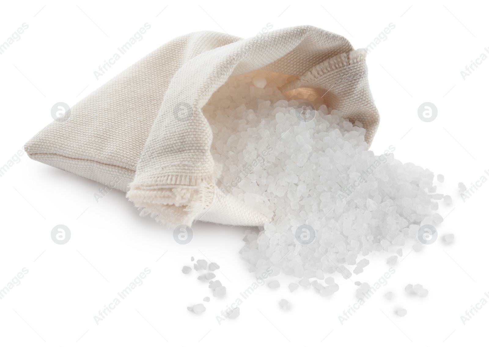 Photo of Natural salt and bag on white background