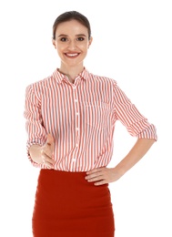 Photo of Professional business trainer reaching for handshake on white background