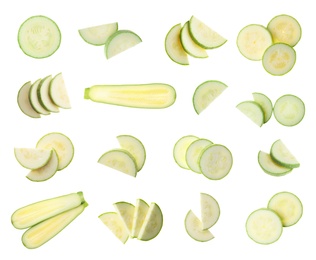Set of cut squashes on white background, top view