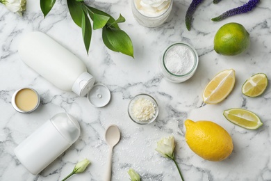 Photo of Flat lay composition with homemade deodorant,  ingredients and fruits on marble