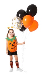 Cute little girl with balloons wearing Halloween costume on white background