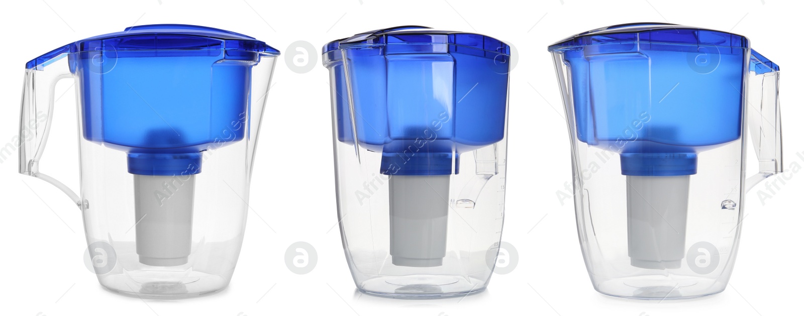 Image of Set with empty water filter jugs on white background. Banner design