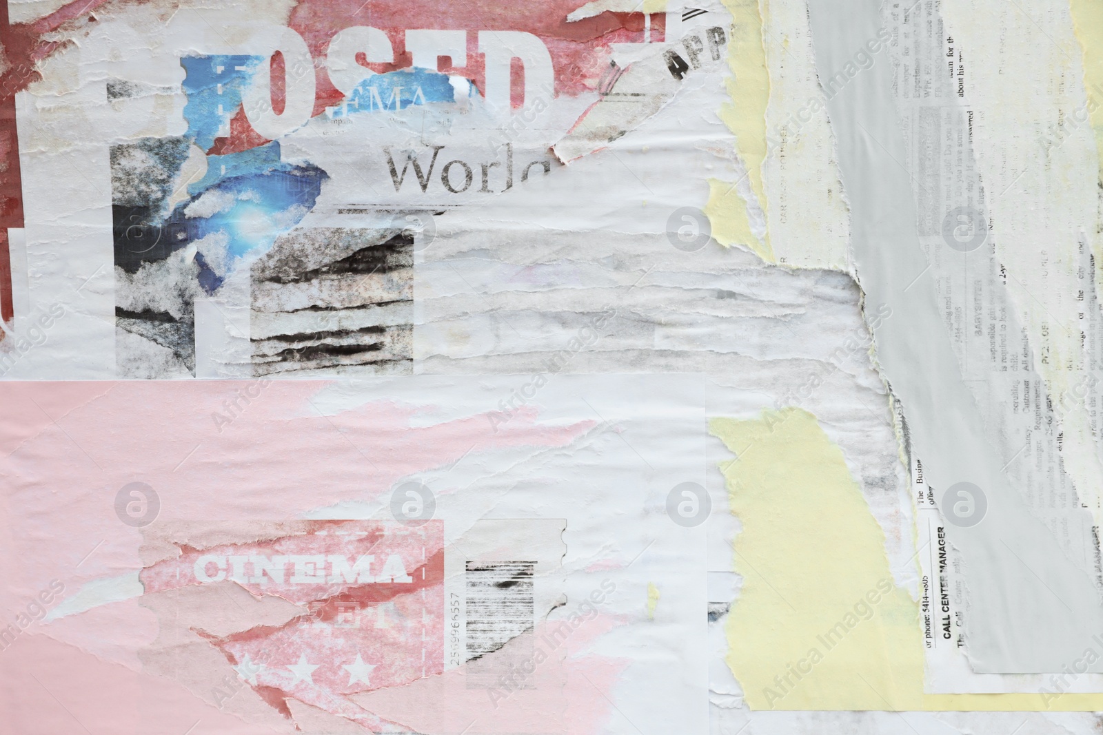 Photo of Different creased torn paper posters as background