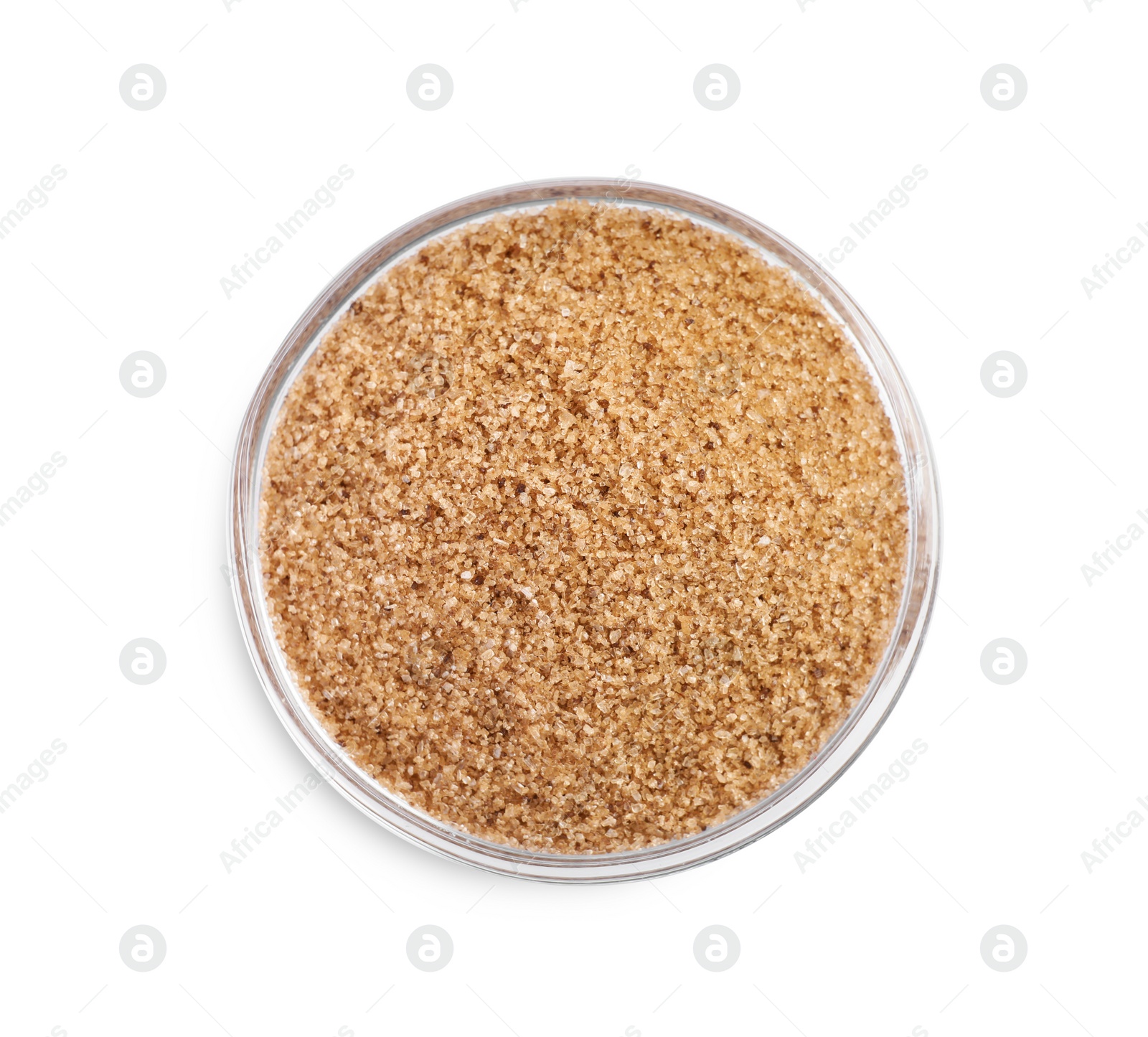 Photo of Brown salt in glass bowl isolated on white, top view