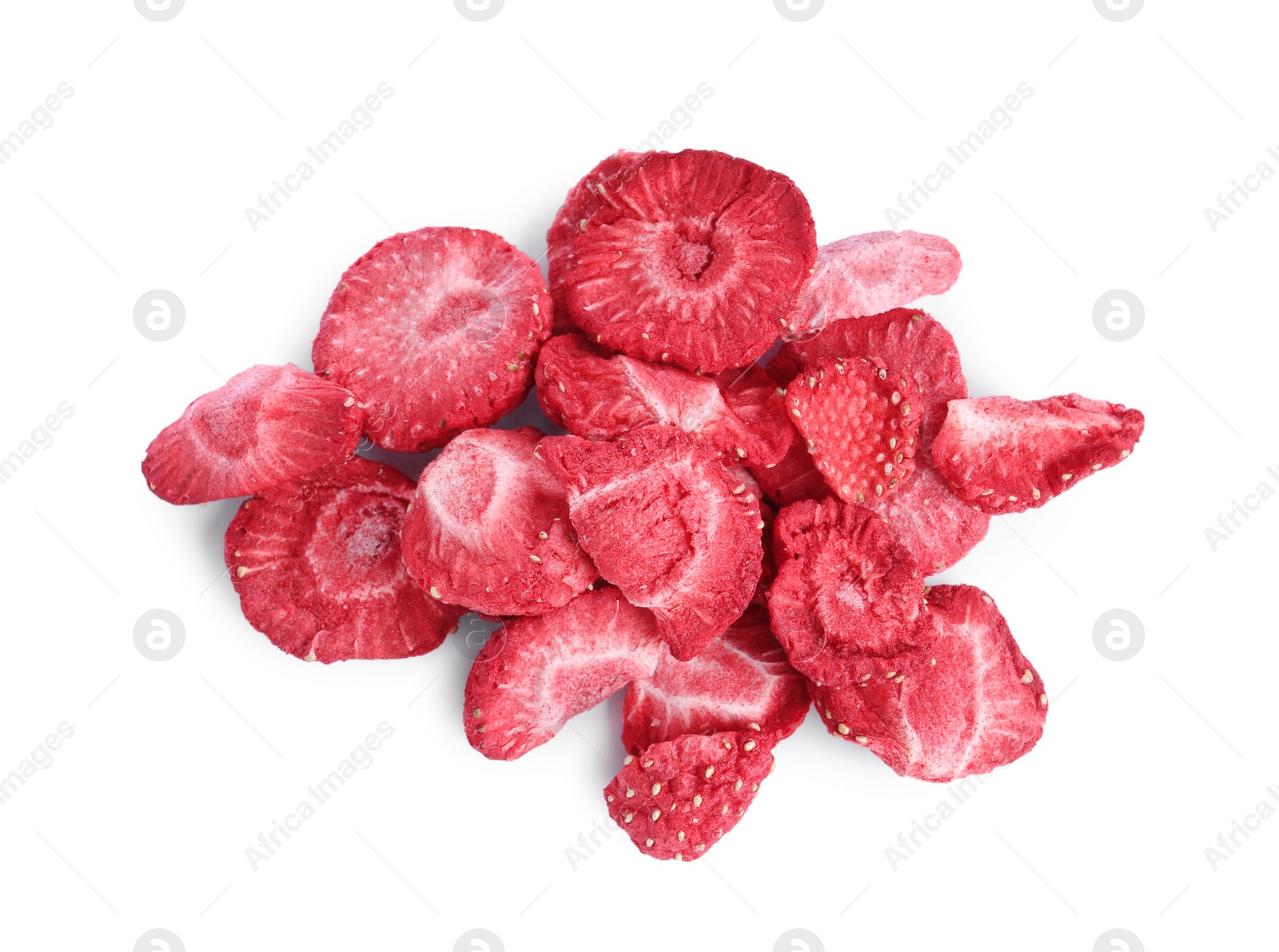 Photo of Pile of freeze dried strawberries on white background, top view