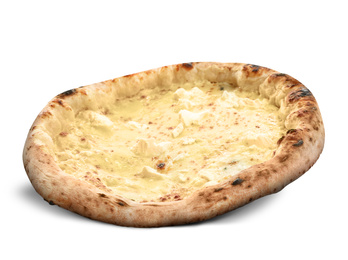 Hot tasty cheese pizza on white background. Image for menu or poster