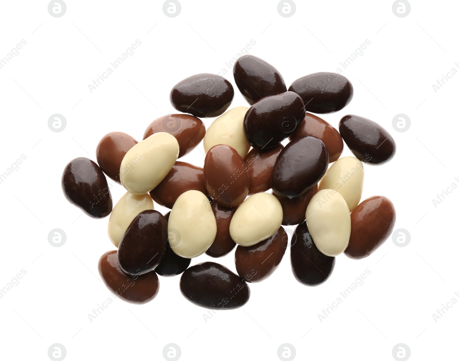 Photo of Different delicious chocolate candies on white background, top view