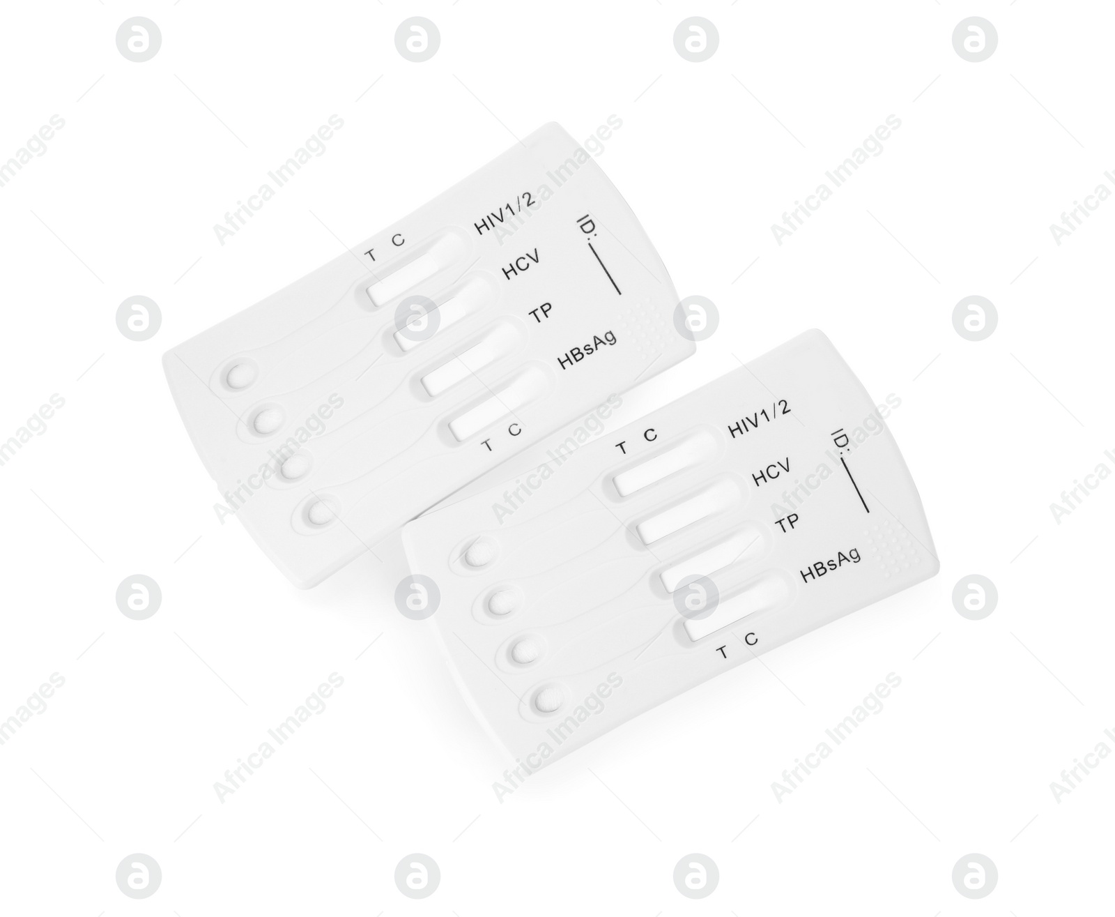 Photo of Two disposable express tests for hepatitis on white background, top view