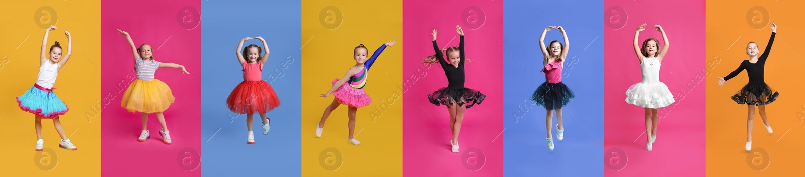 Image of Cute little girls dancing on different colors backgrounds, collection of photos