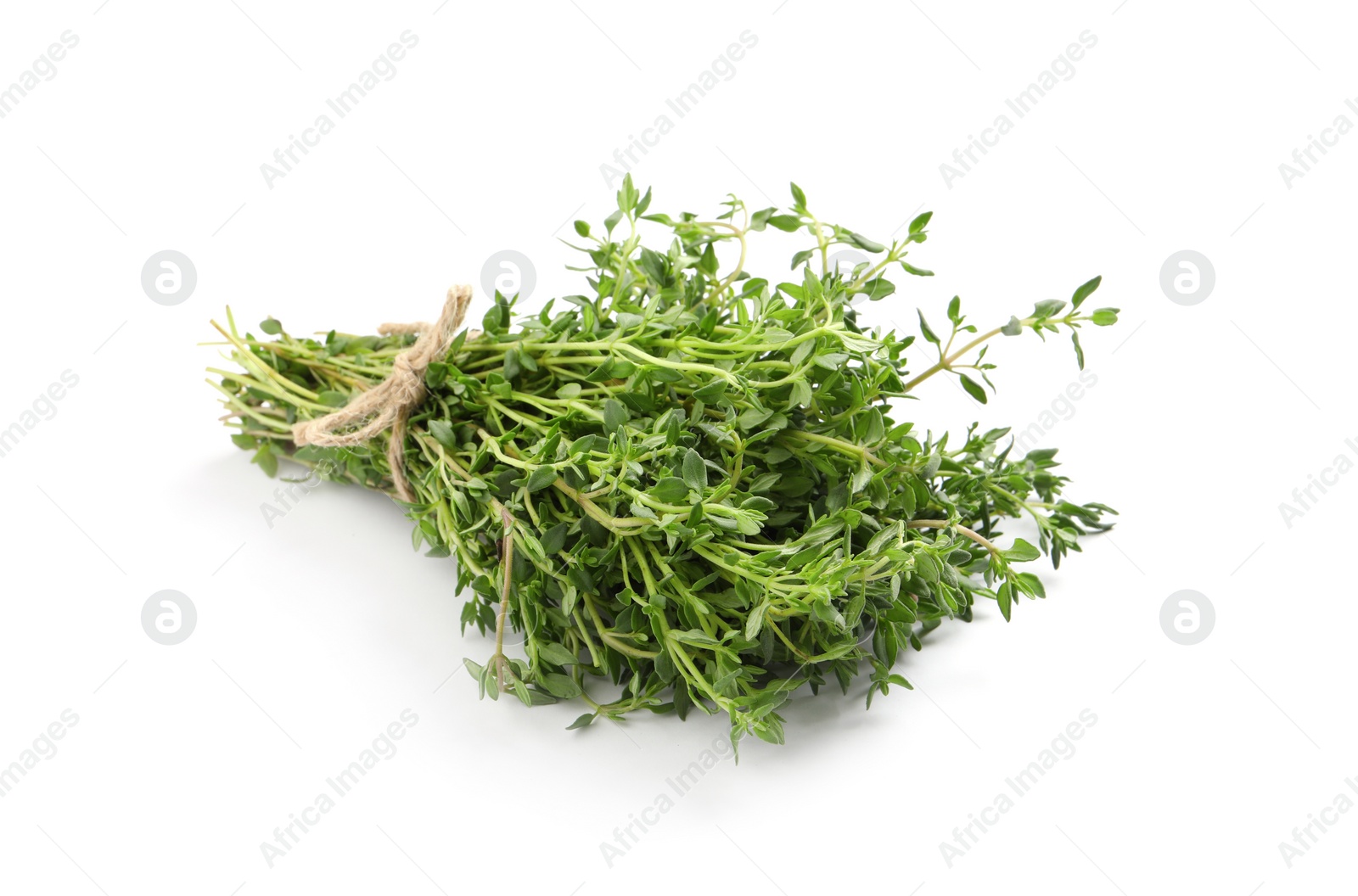 Photo of Bunch of aromatic thyme on white background. Fresh herb