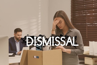 Image of Dismissed woman packing personal stuff into box in office