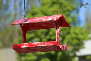 Color handmade bird feeder hanging outdoors on sunny day