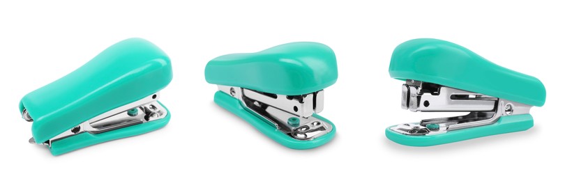 Image of Turquoise stapler isolated on white, different sides