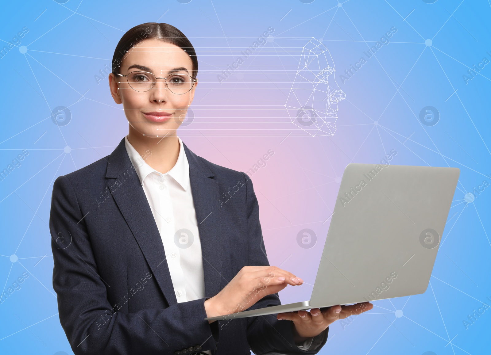 Image of Facial recognition system. Woman using laptop on color background 