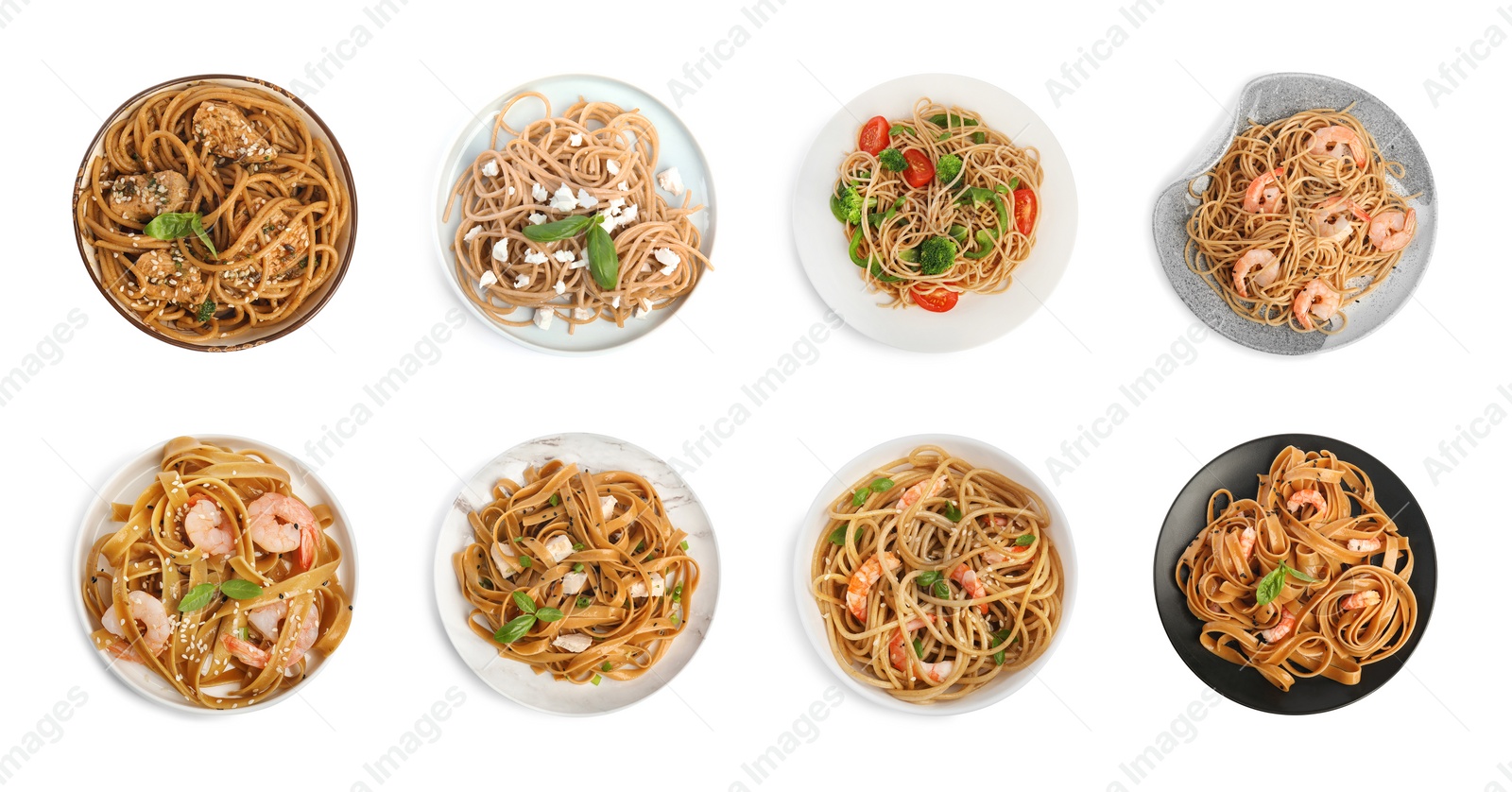 Image of Set of buckwheat noodles with different ingredients on white background, top view