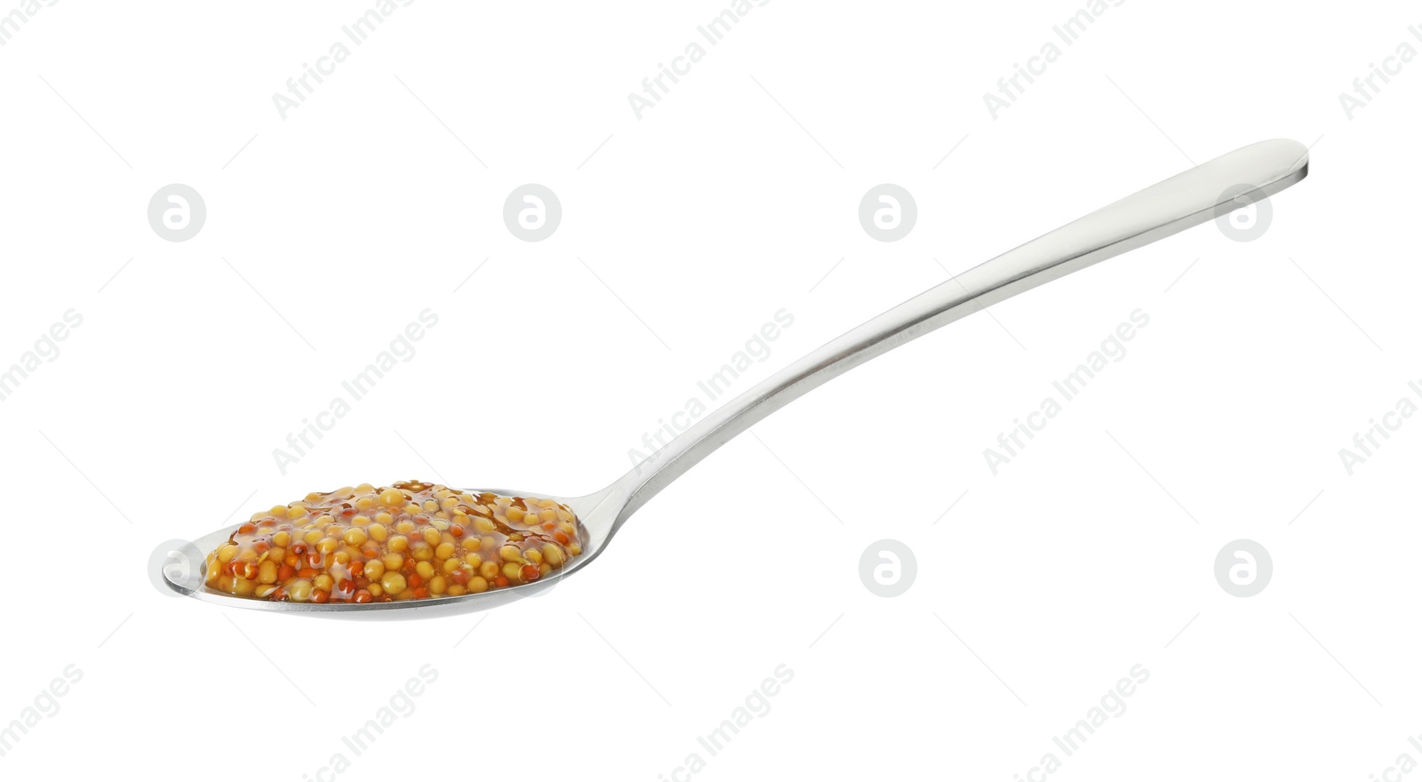 Photo of Spoon with fresh whole grain mustard isolated on white